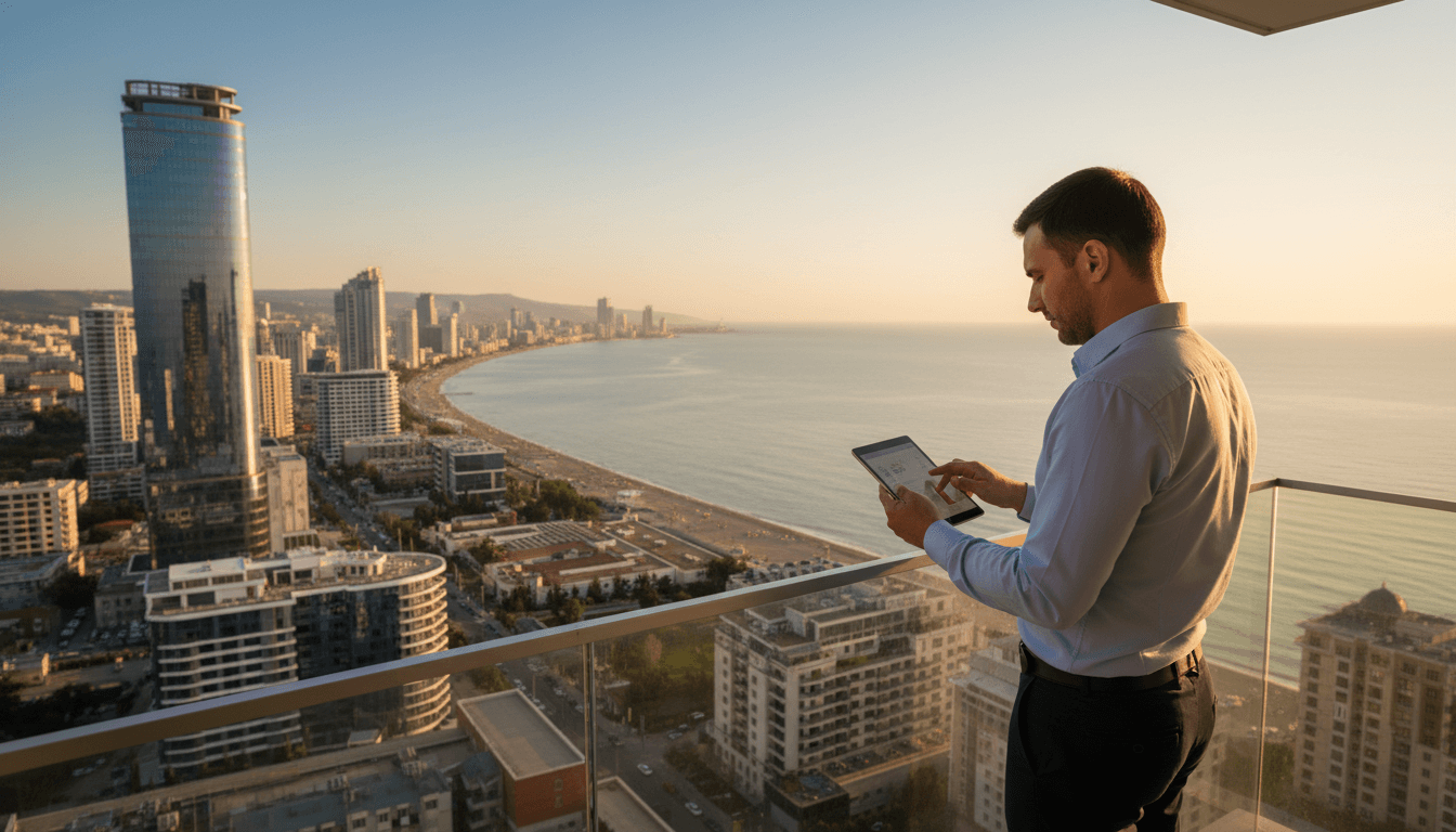International investor reviewing property documents on a Batumi apartment balcony with Black Sea views