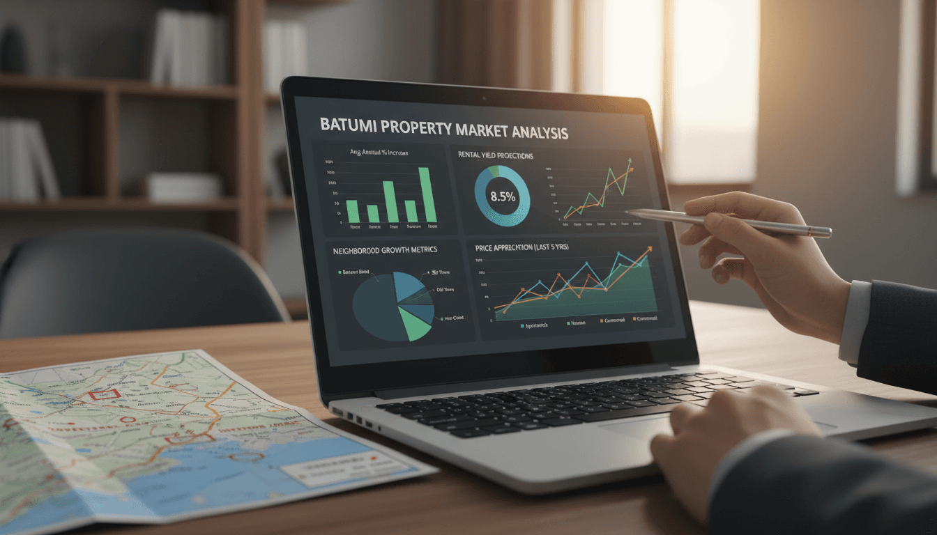 Real estate market analysis dashboard showing Batumi neighborhood investment data