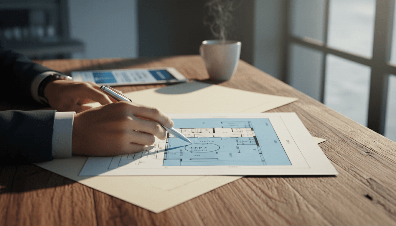Investment property documents and floor plans being reviewed during consultation