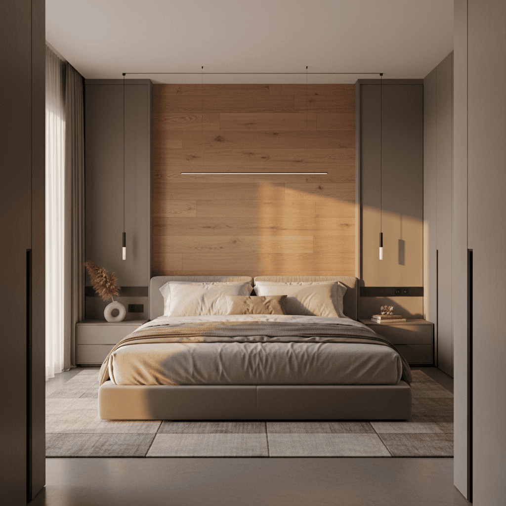 Contemporary bedroom in high-end apartment development