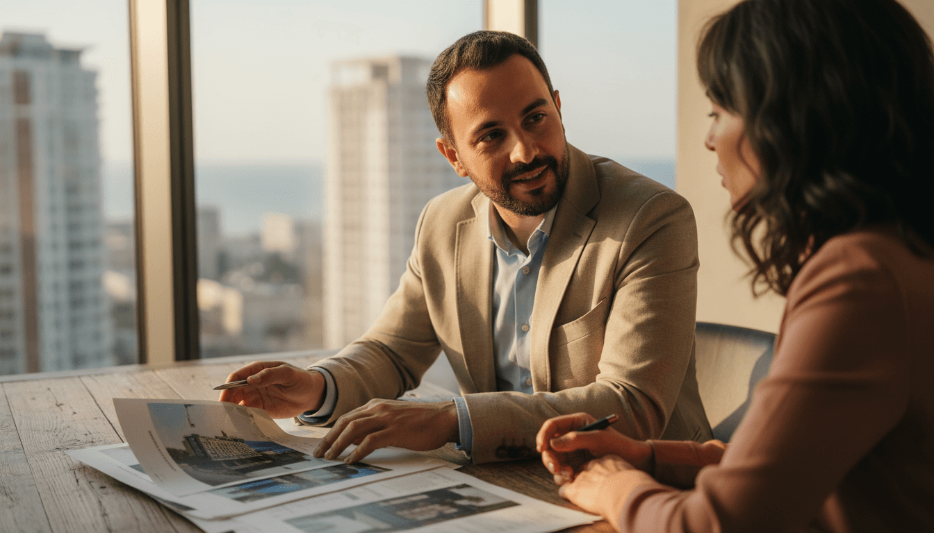 Real estate professional reviewing property options with international client