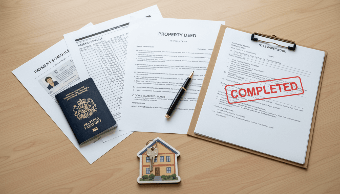 Completed real estate transaction documents and property key