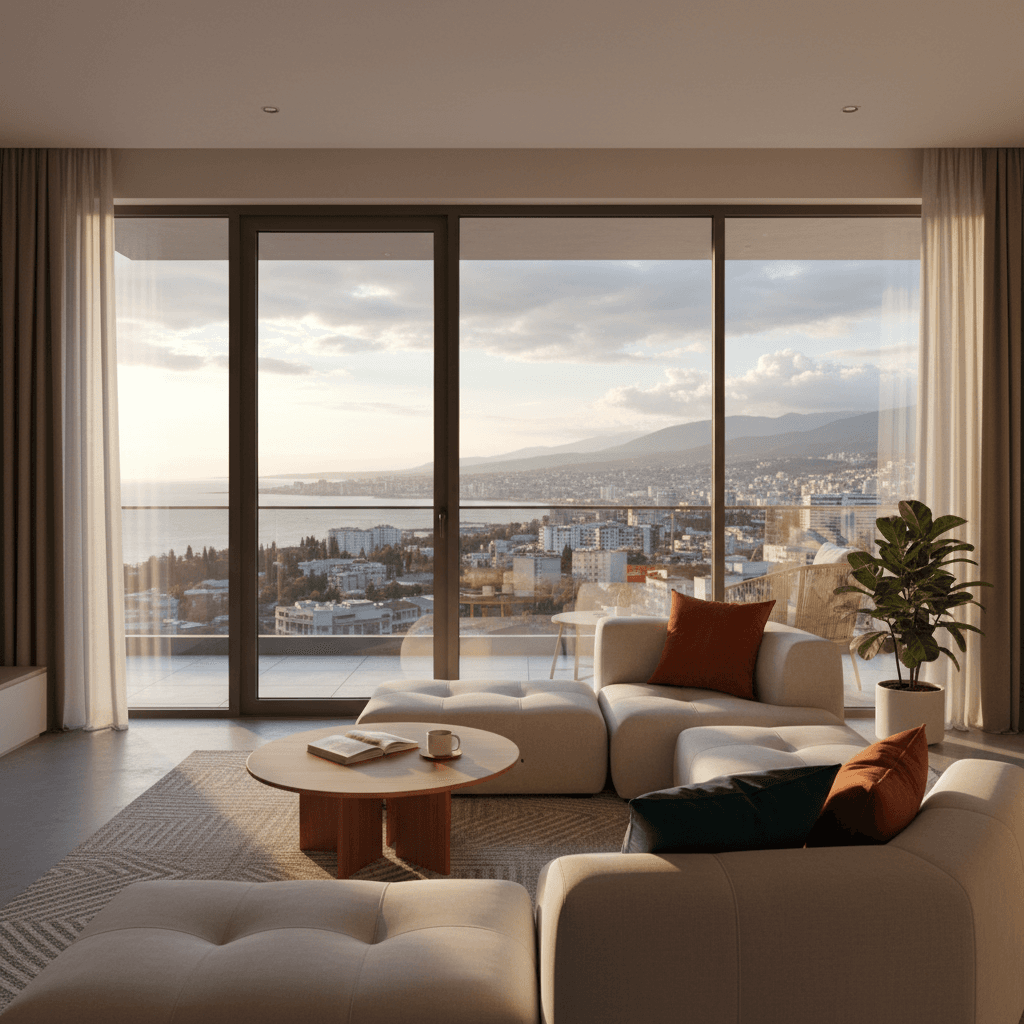 Spacious apartment living room with city view
