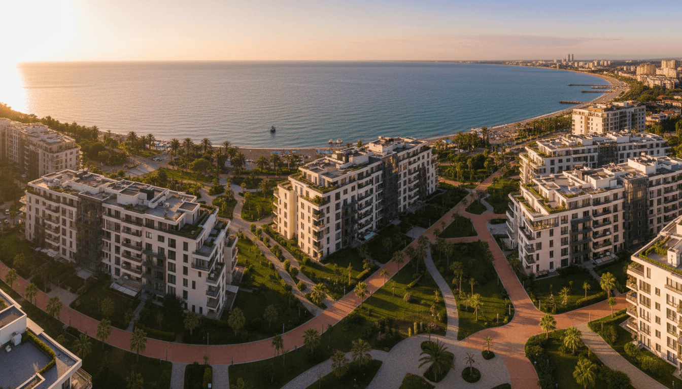 Modern residential development in Batumi overlooking the Black Sea coast at golden hour