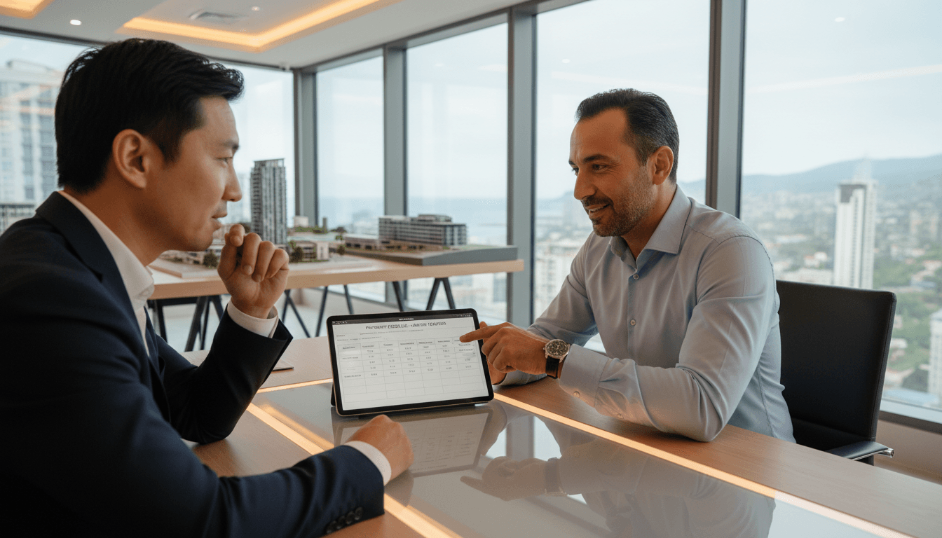 Real estate agent explaining flexible payment plans to international investor