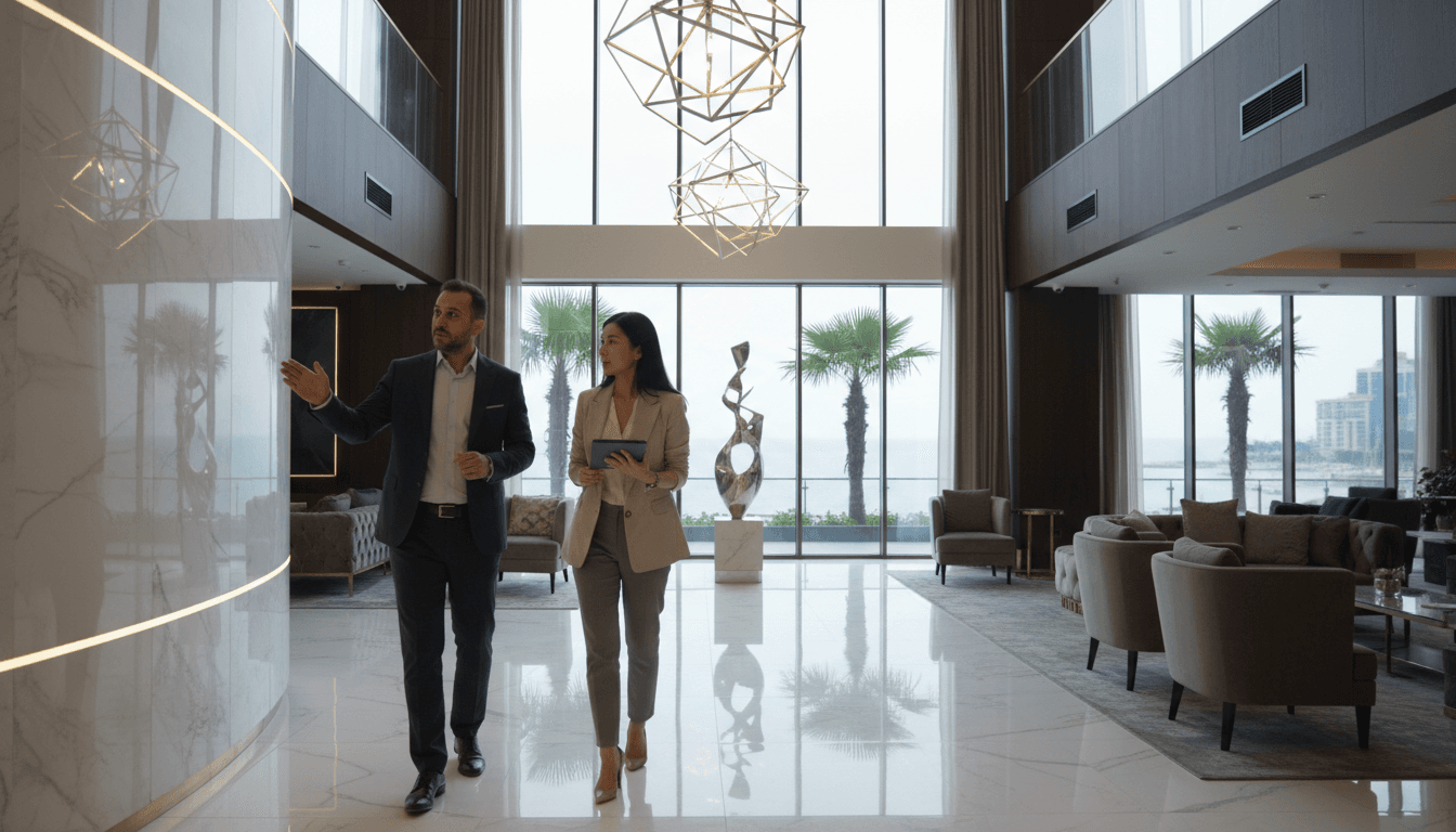 Real estate agent showing international investor developer property amenities